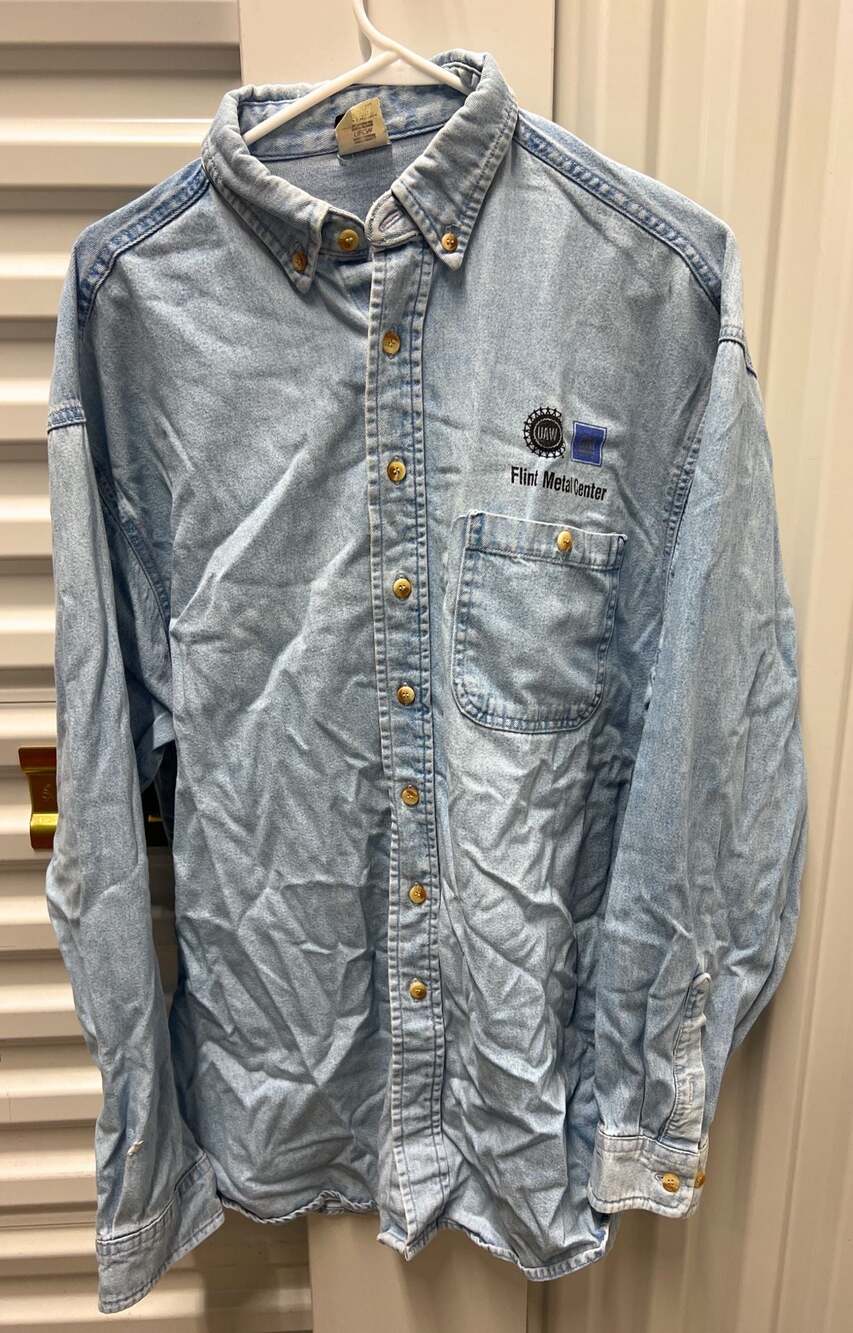Union Line Flint Metal Center UAW GM Light Wash Denim Button Down Shirt